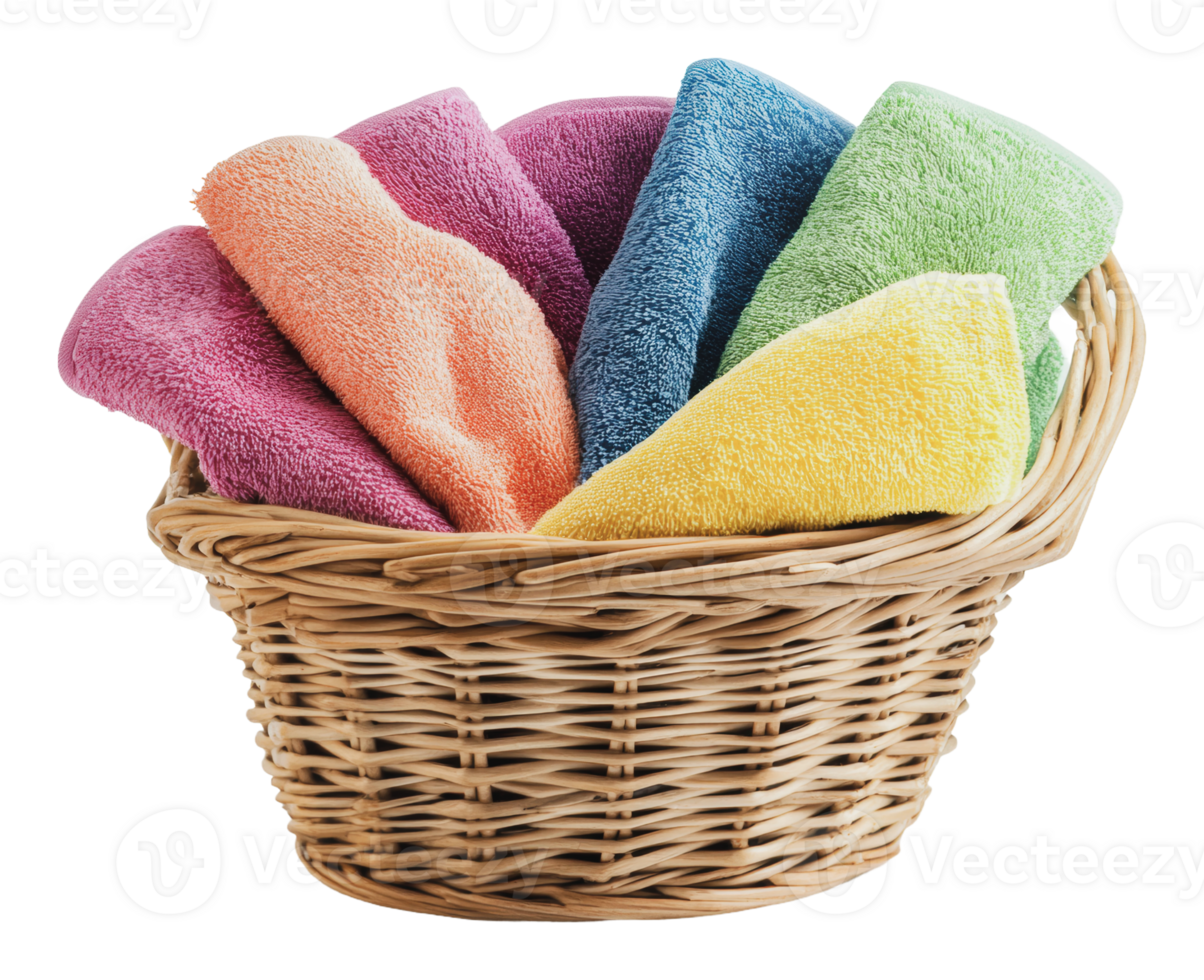 Artfully arranged colorful towels in basket png