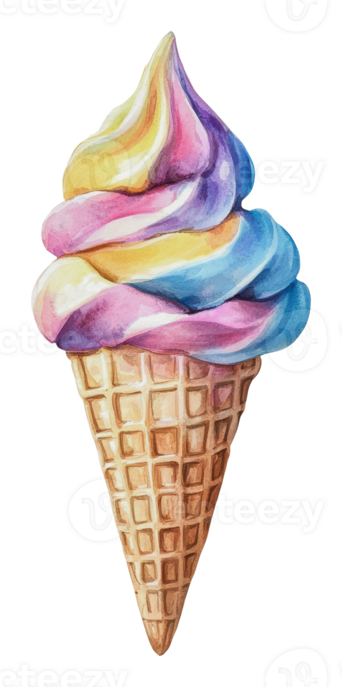 Colorful swirl ice cream cone in a waffle cone png