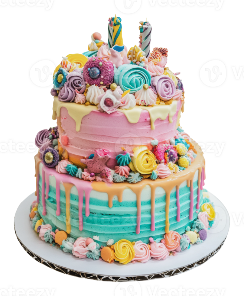 Colorful two-tiered cake decorated with candy png