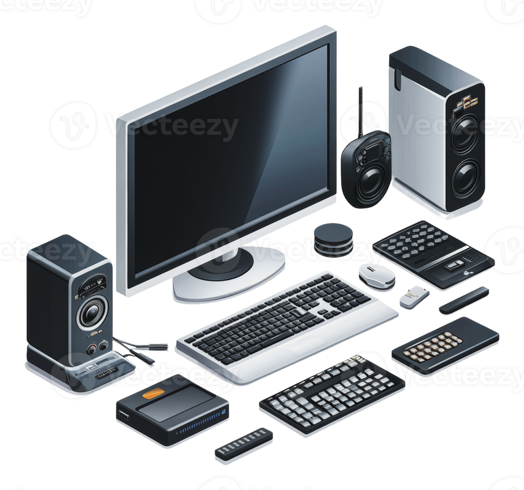 Desk display of computer peripherals png
