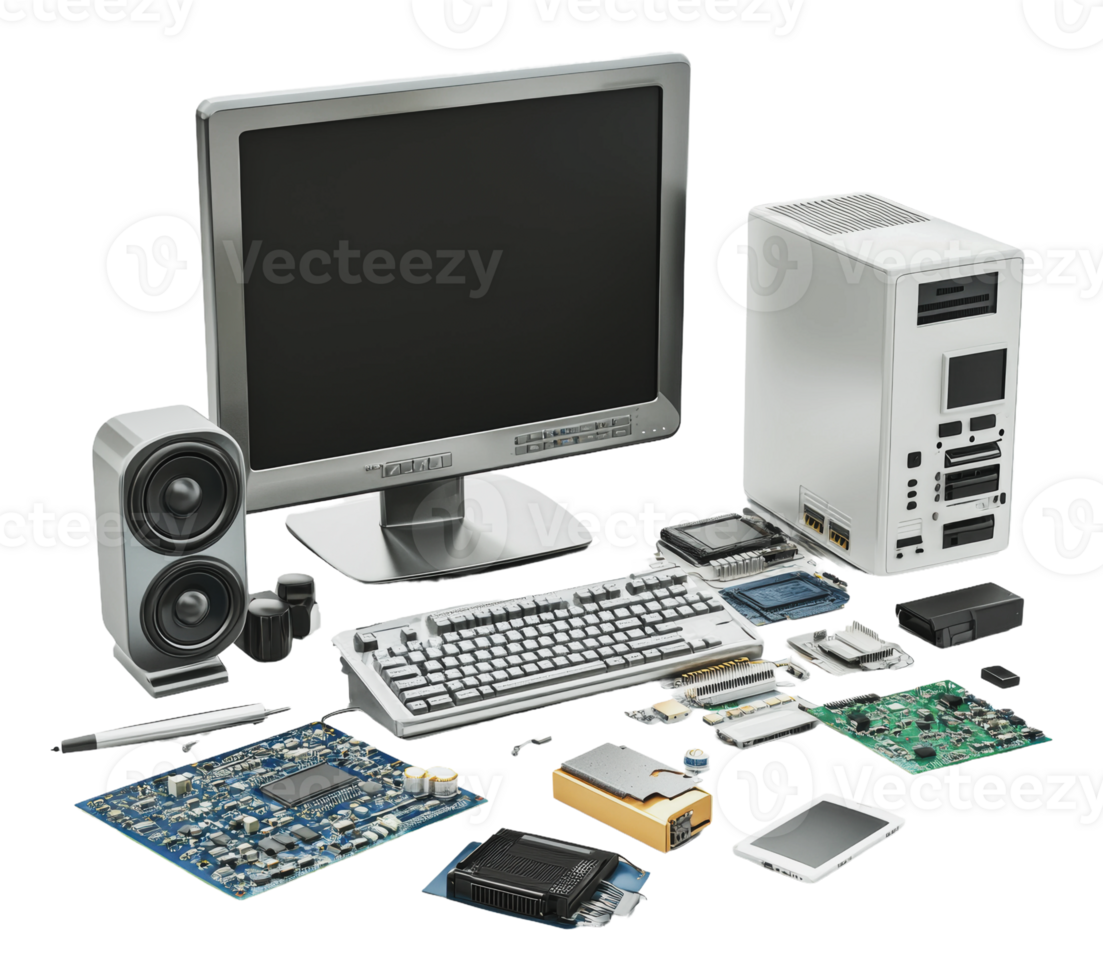 Computer parts with monitor, keyboard png