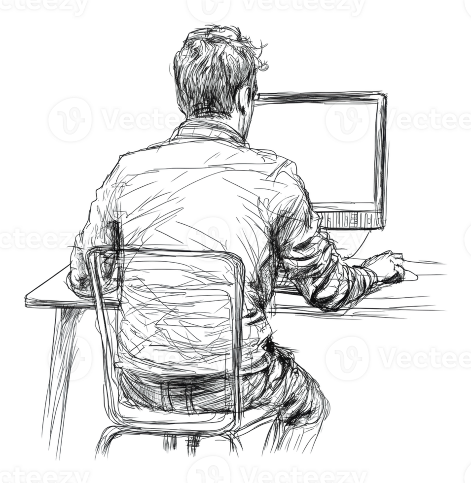 Worker at a desk using a computer png
