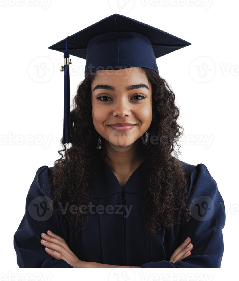 Proud graduate in cap and gown smiling confidently png