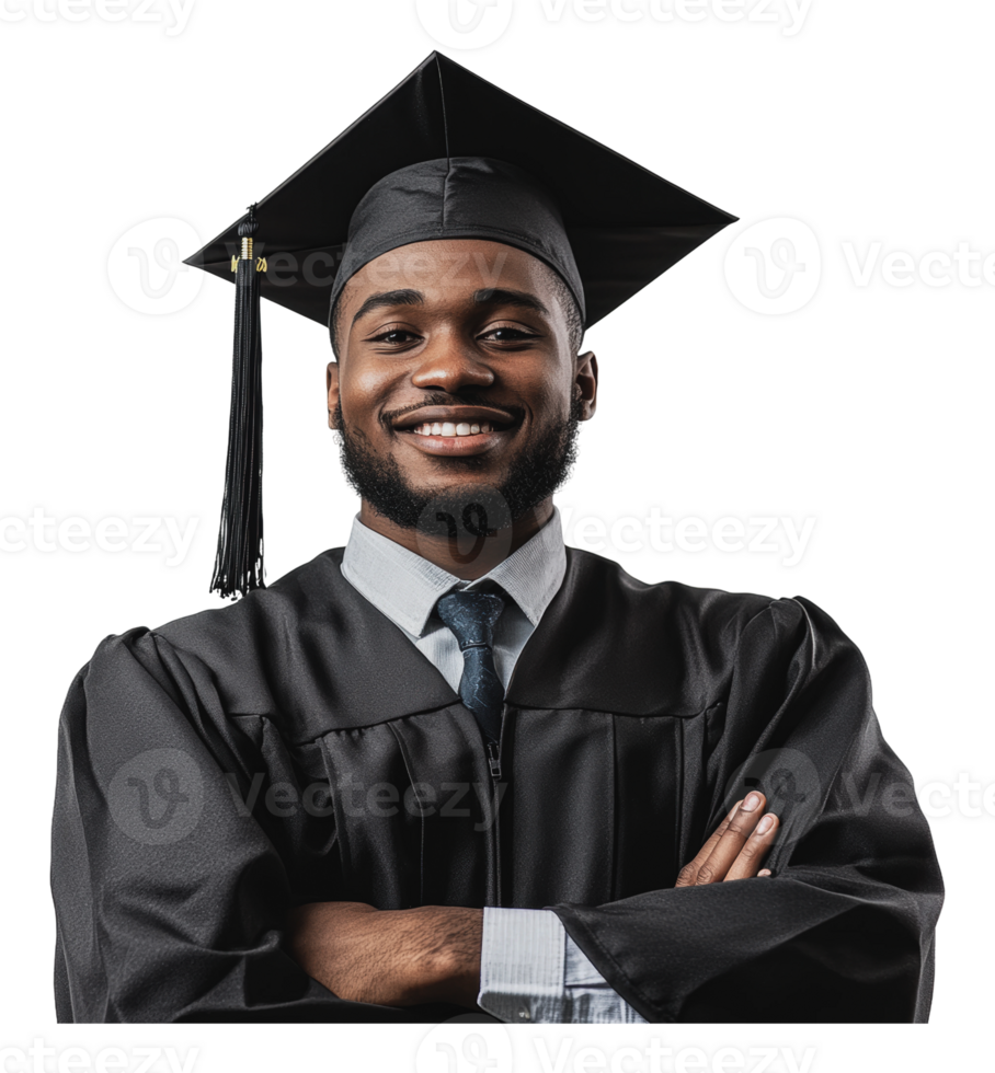 Joyful grad in cap and gown post-ceremony png