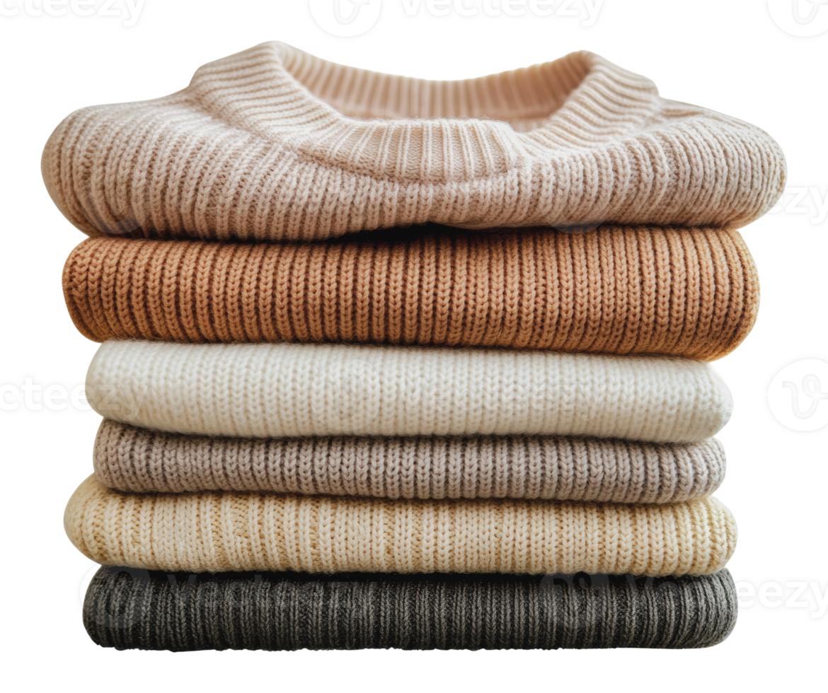 Stack of cozy knitted sweaters in neutral tones png