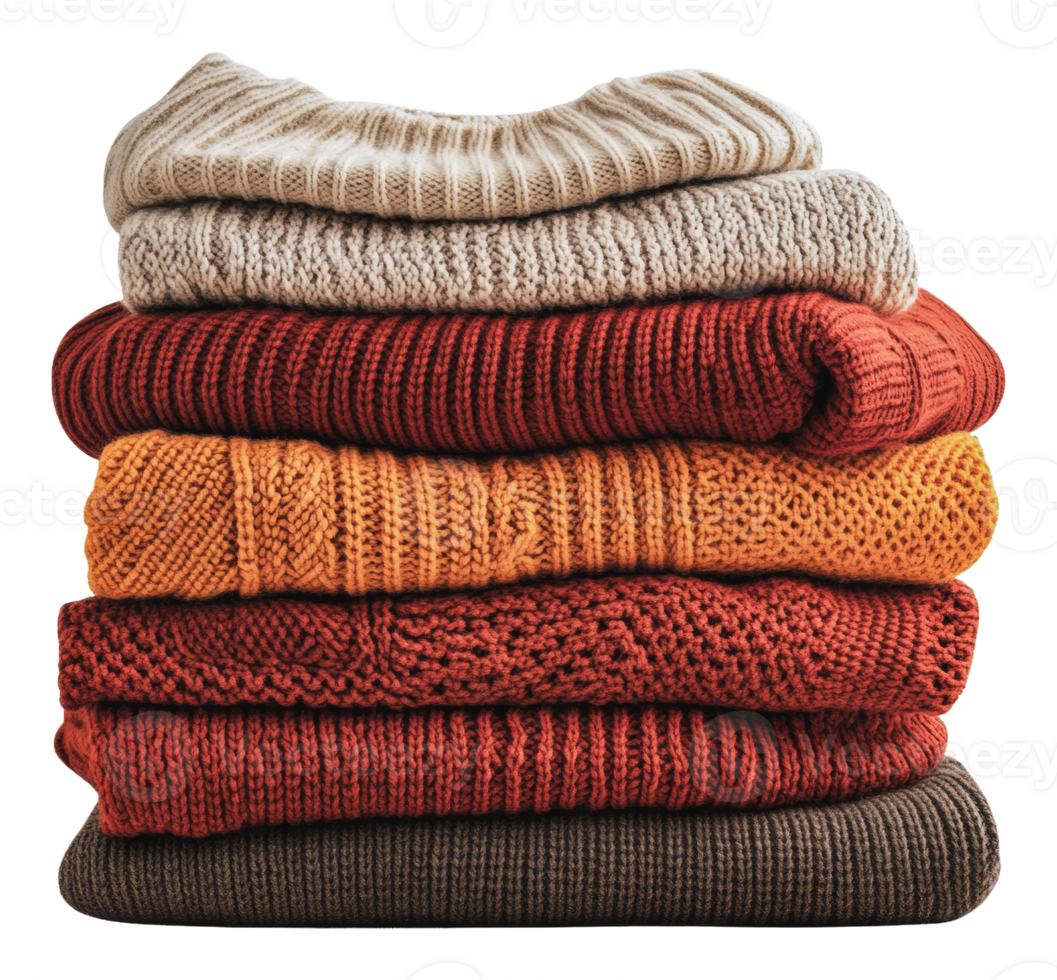 Fall-colored textiles neatly stacked indoors png