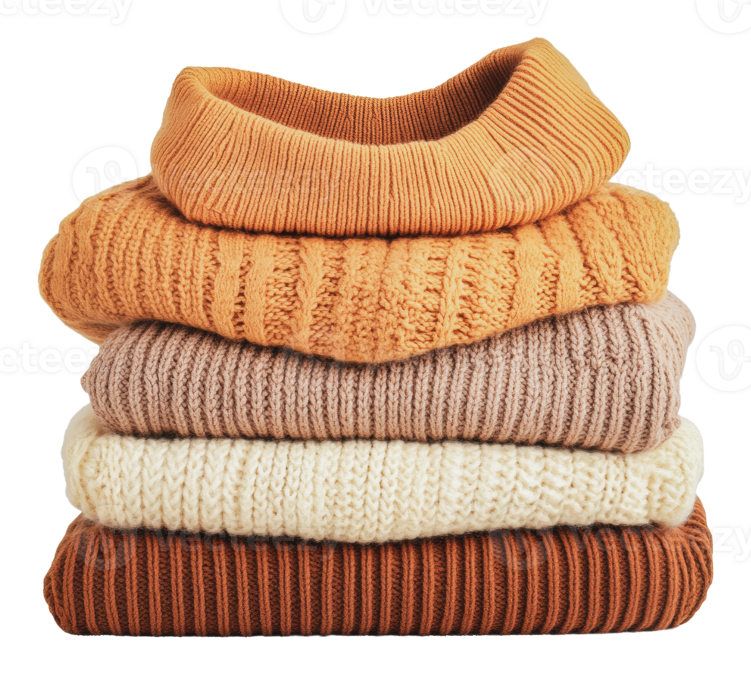 Cozy knit sweaters stacked neatly on a table png