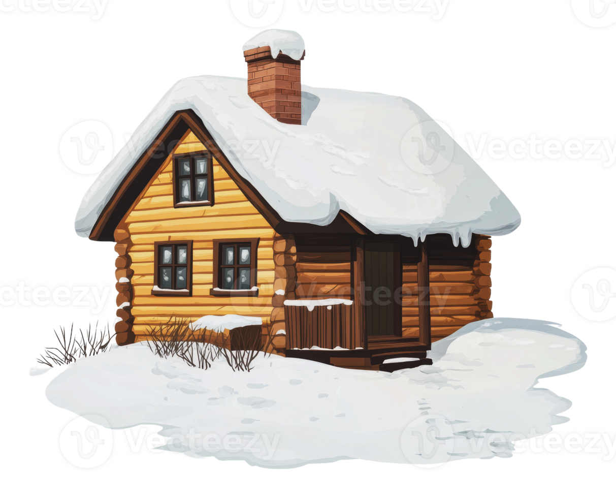 Cozy wooden cabin surrounded by snow in winter png