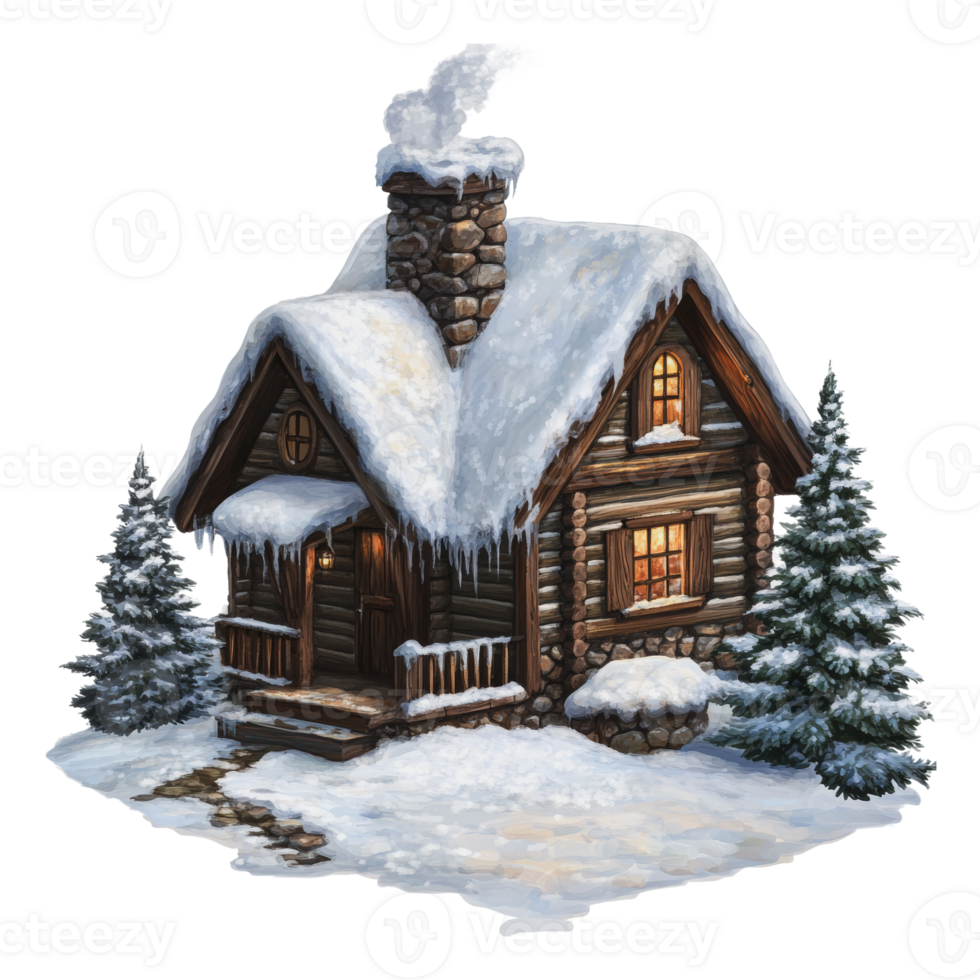 Winter cabin amid snowy trees png