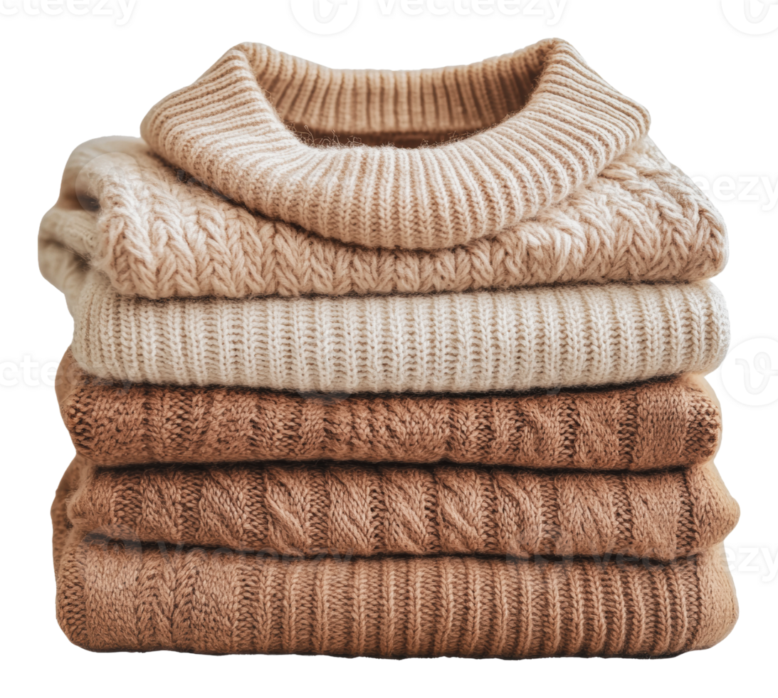 Cozy sweaters stacked neatly for autumn fashion png