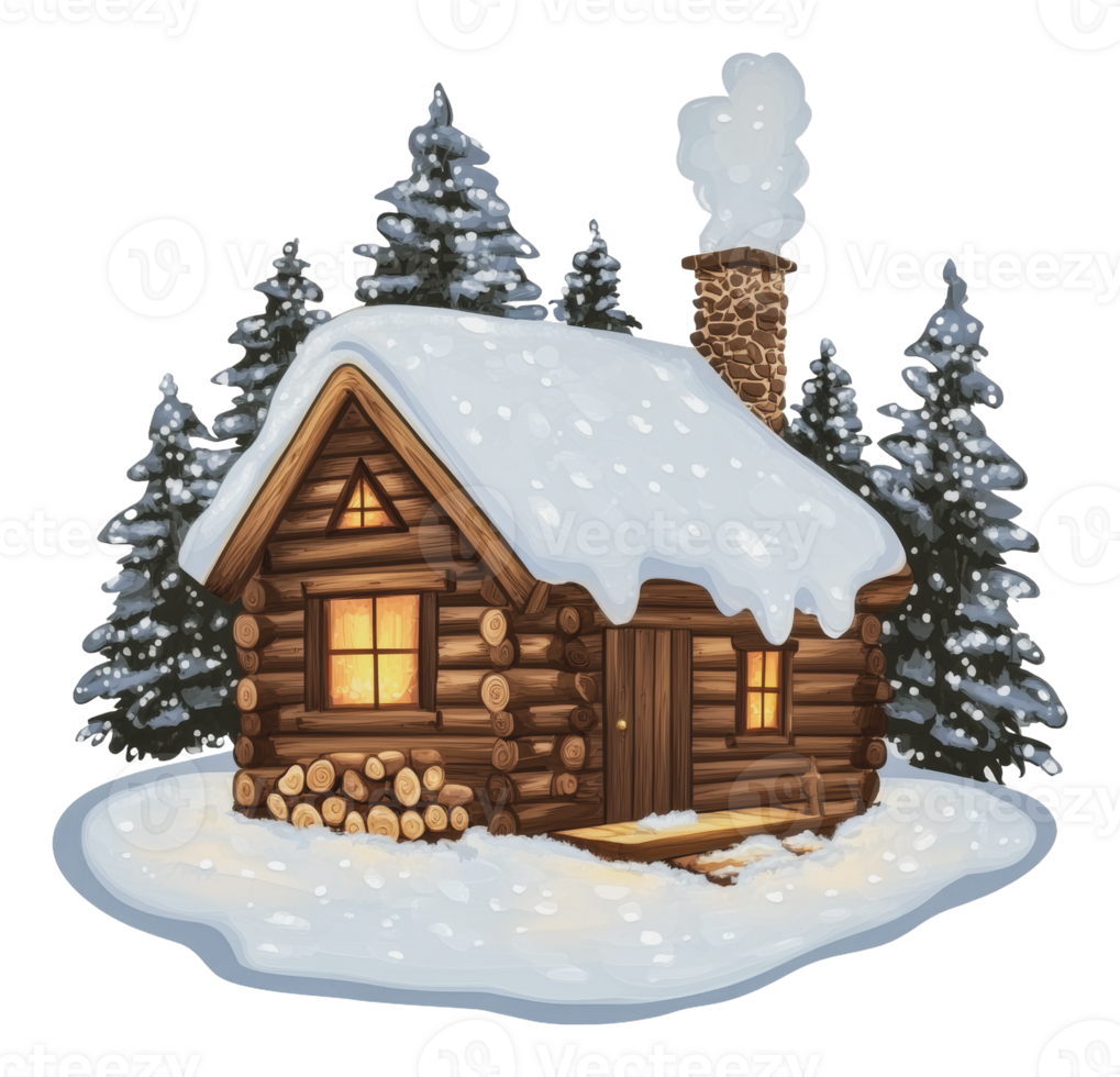 Cozy log cabin surrounded by snowy trees in winter png