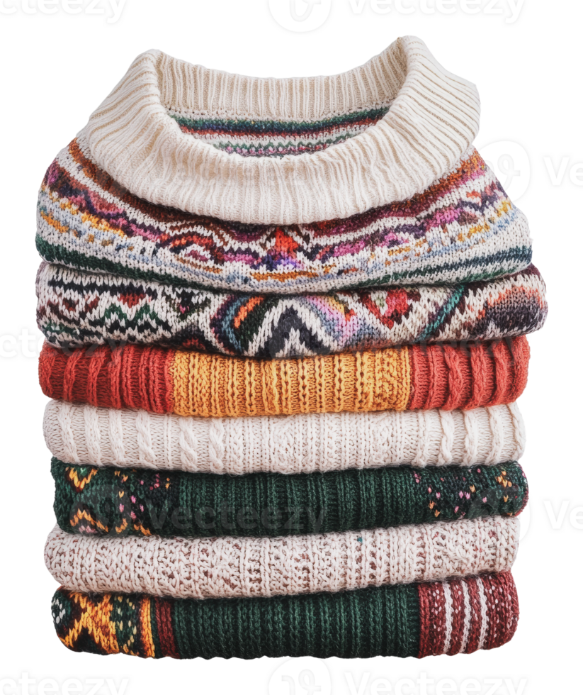Colorful winter sweaters neatly stacked png