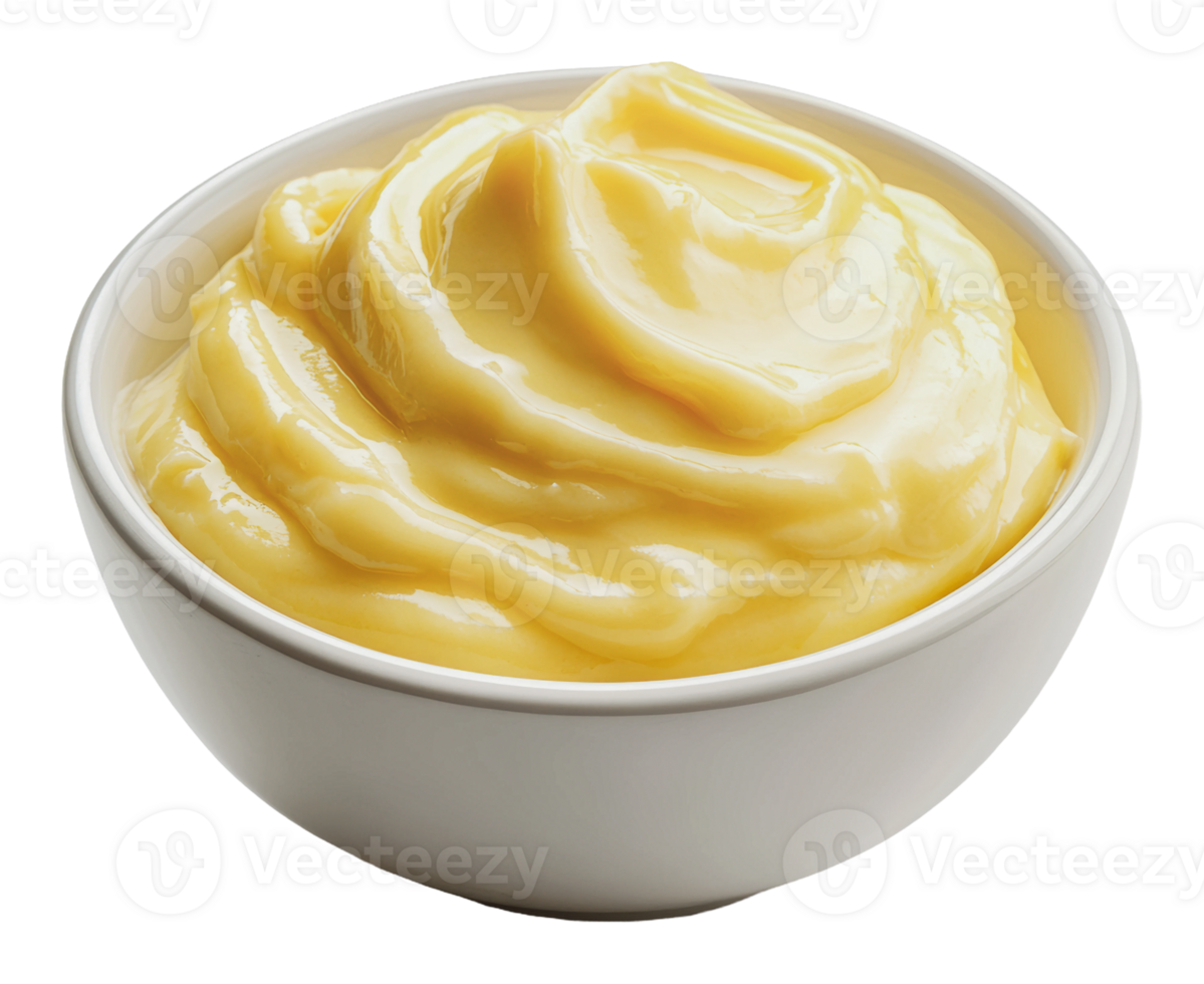 Creamy yellow custard served in a white bowl png