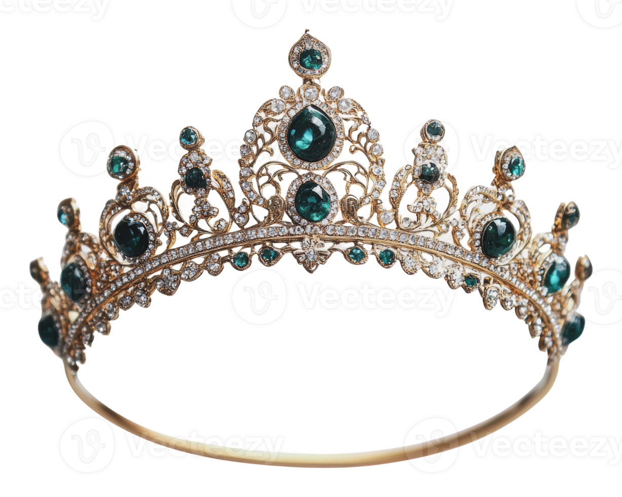 Elegant gold tiara adorned with emerald gemstones png