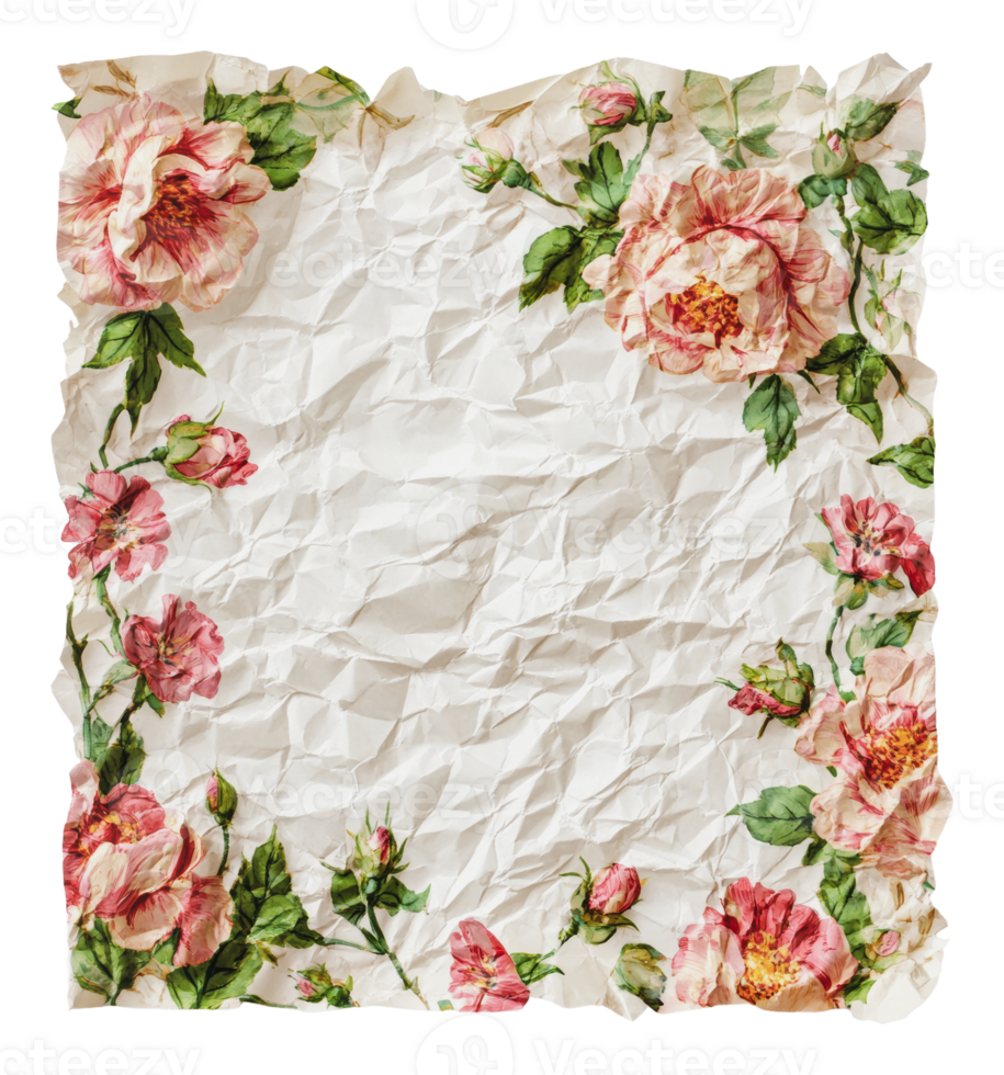 Crumpled floral paper with pink rose design png