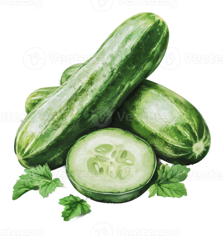 Freshly cut cucumbers stacked with green leaves png