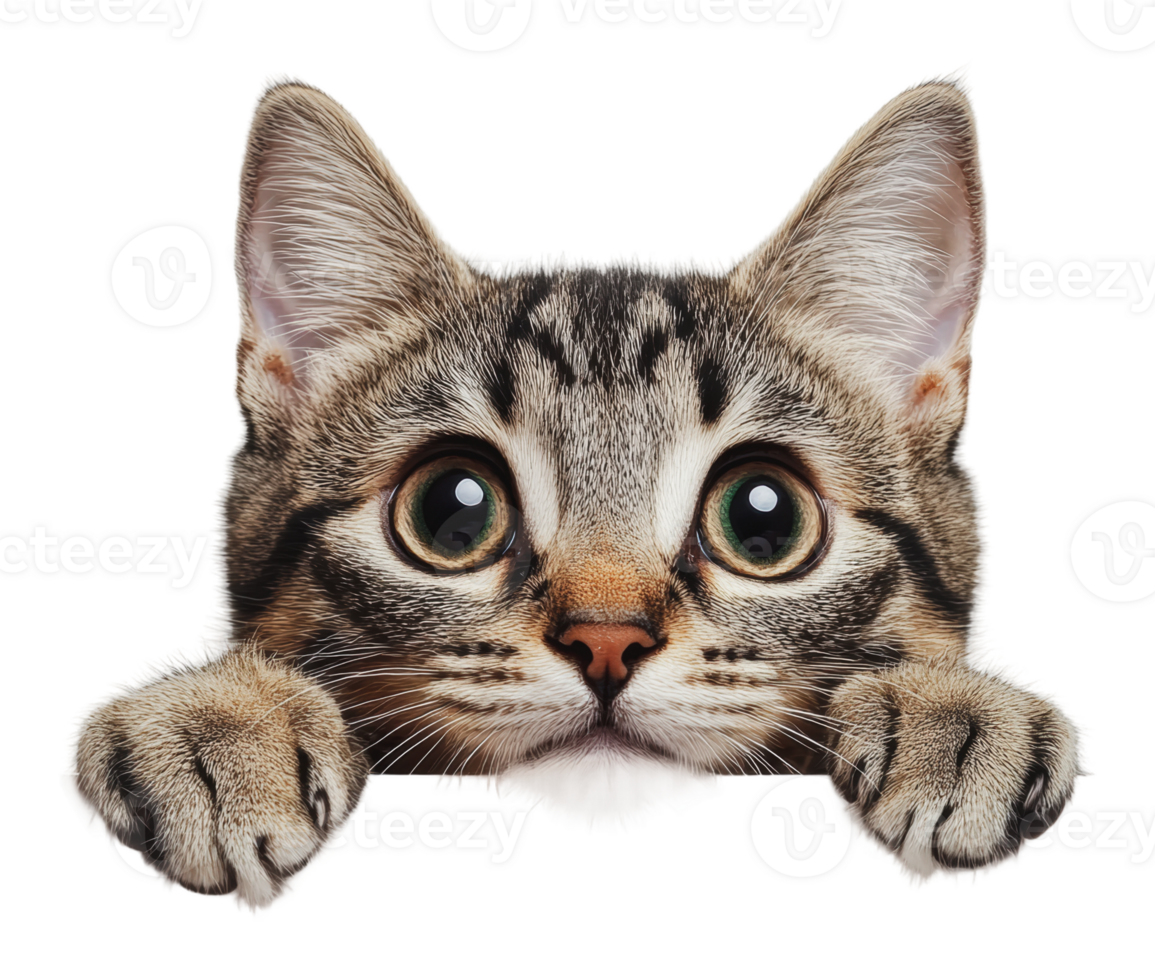 Playful tabby cat peeking over a surface png
