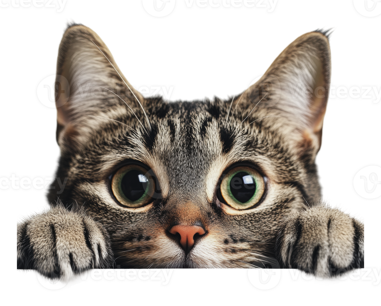 Curious cat peeking over a ledge in bright light png