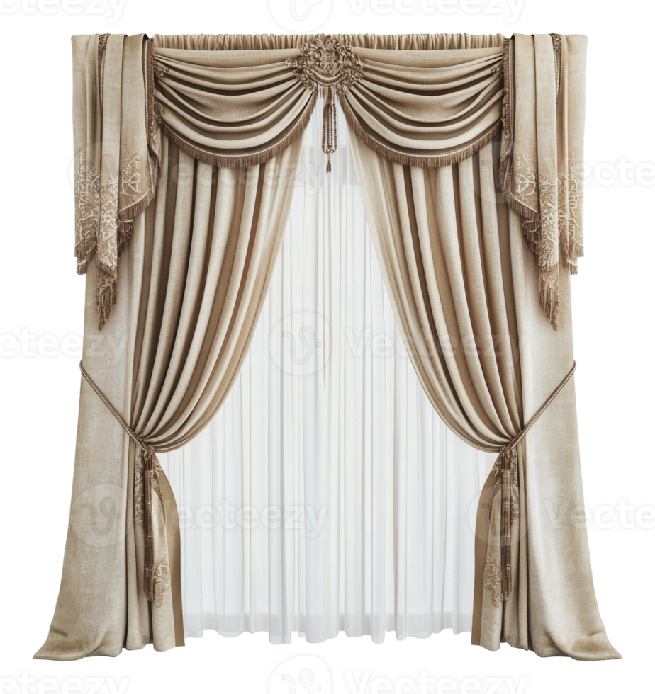 Elegant beige curtains with intricate draping png