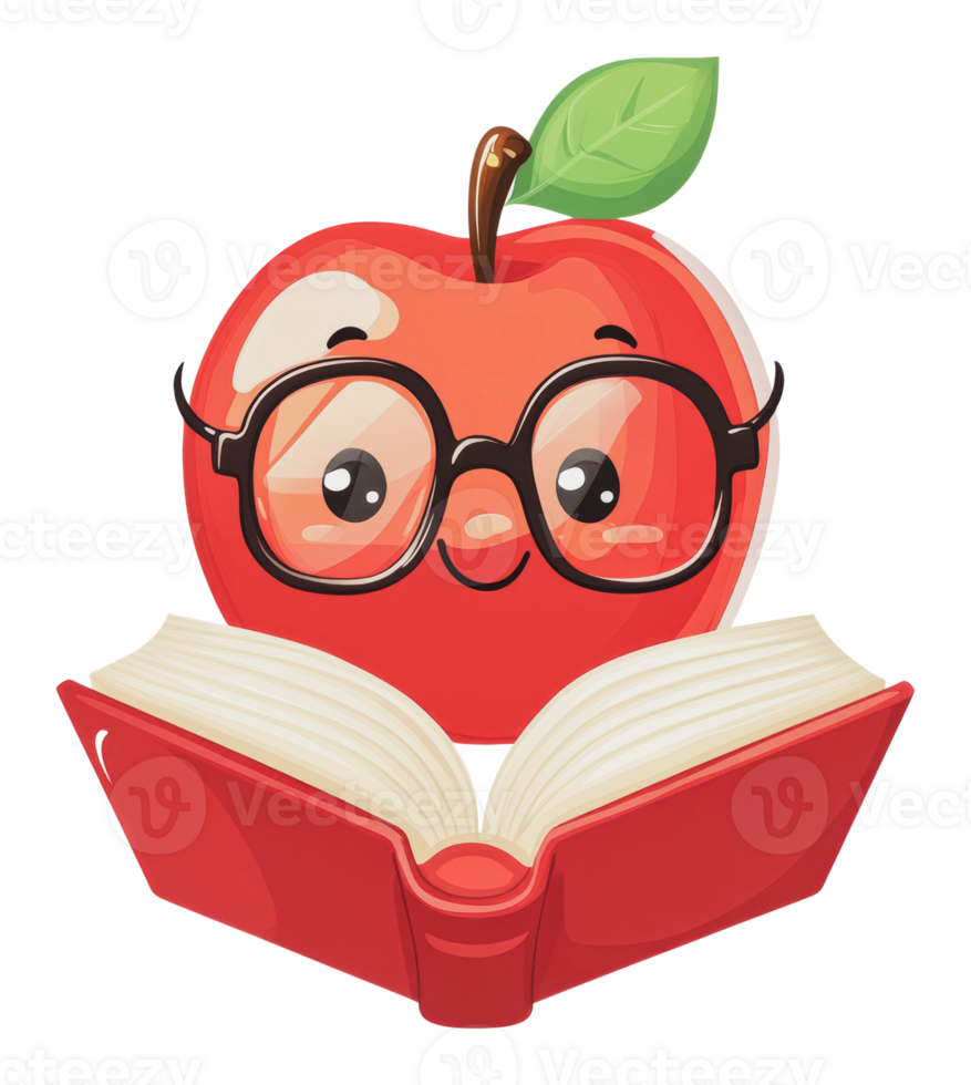 Happy apple character reading a book with glasses png
