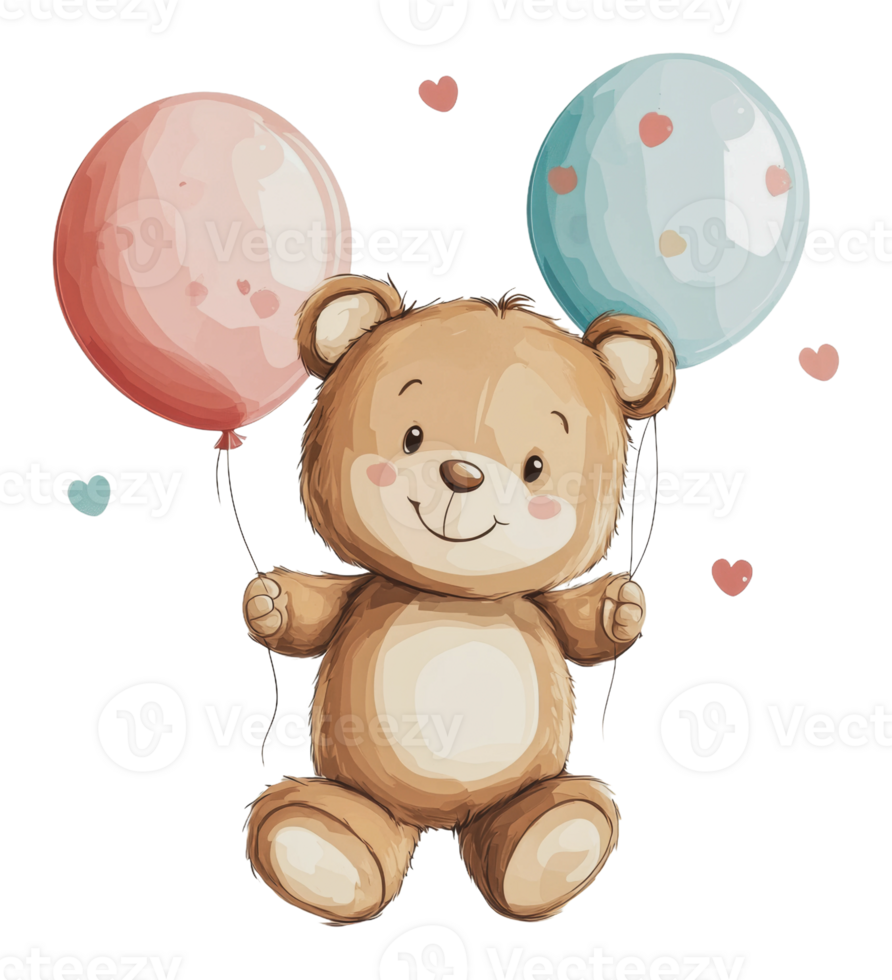 Teddy bear with colorful balloons png