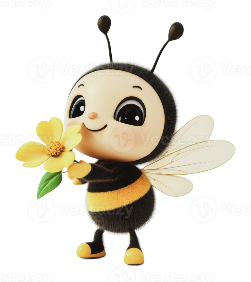 Cheerful cartoon bee holding a flower happily png