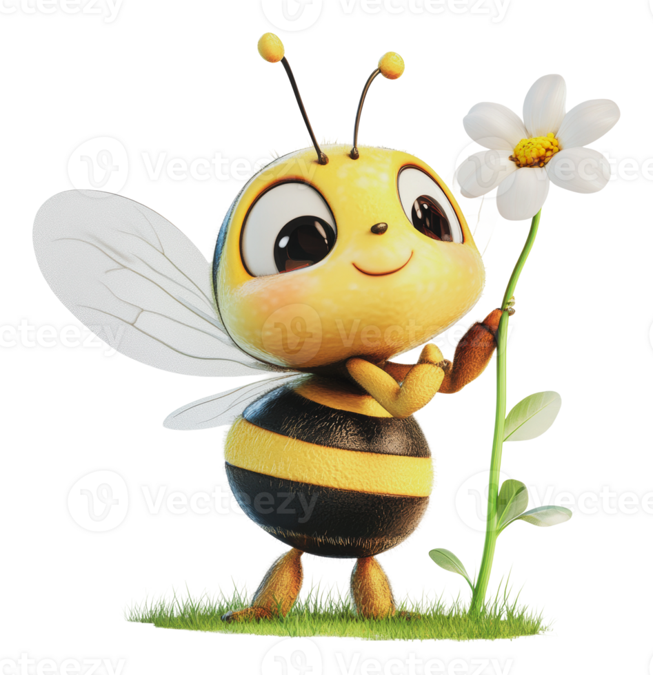 Cute cartoon bee holding a flower in a sunny field png