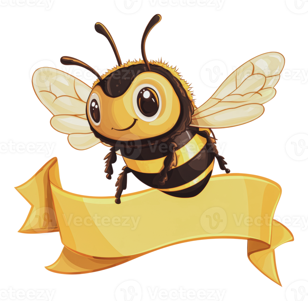 Cute cartoon bee flying over a yellow banner png
