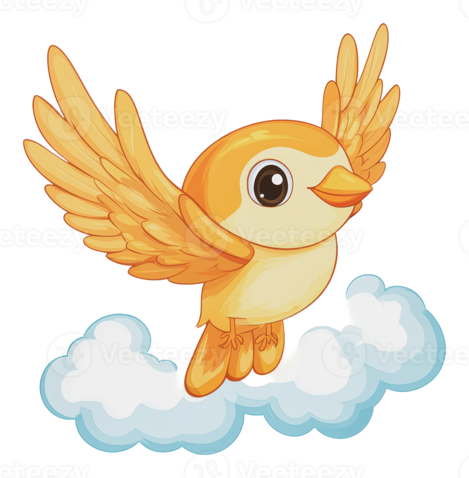 Cheerful orange bird soaring through fluffy clouds png