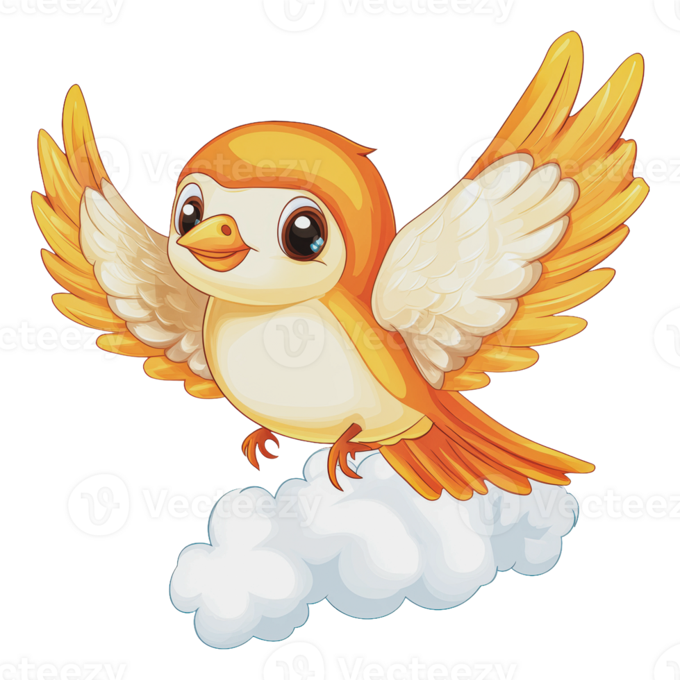 Cute cartoon bird soaring through fluffy clouds png