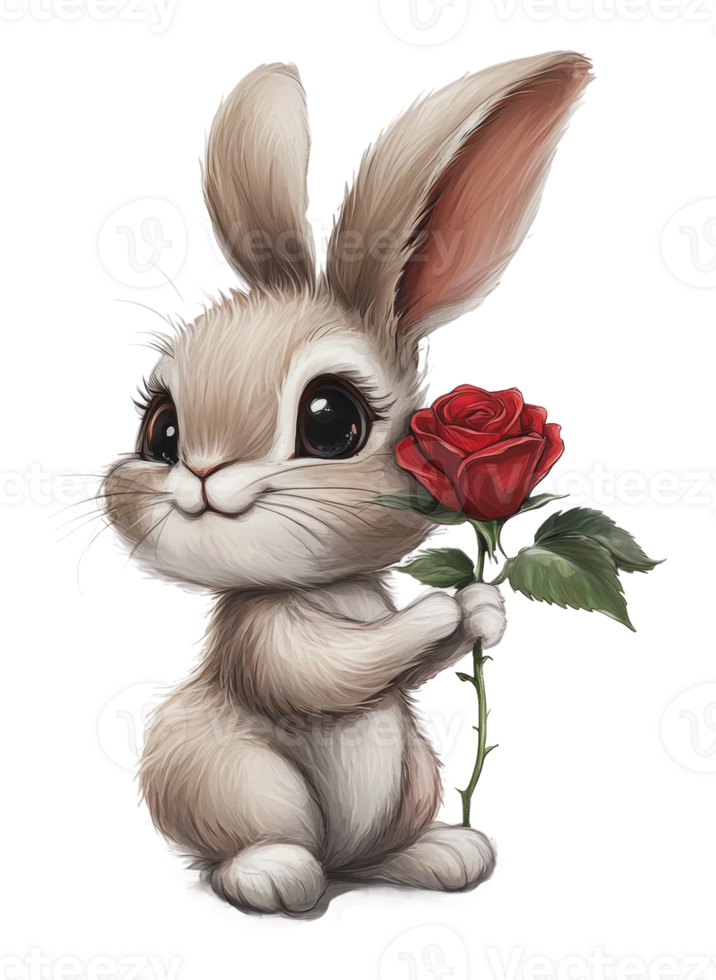 Cute bunny holds a red rose, showcasing affection png