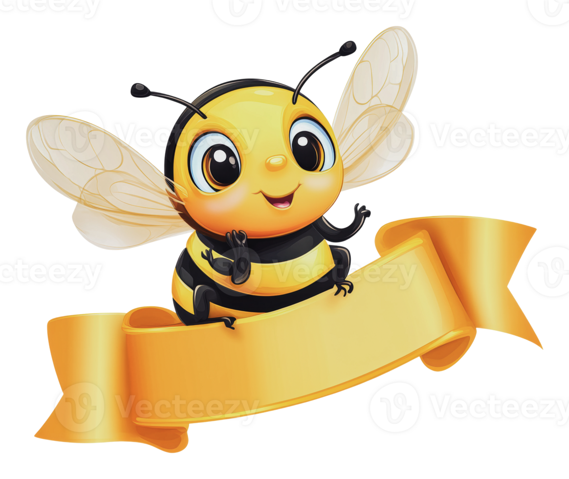 Cute cartoon bee with a yellow ribbon banner png