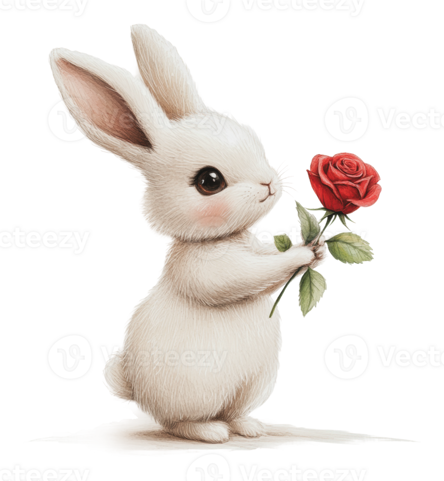 Cute white rabbit holding a red rose in spring png