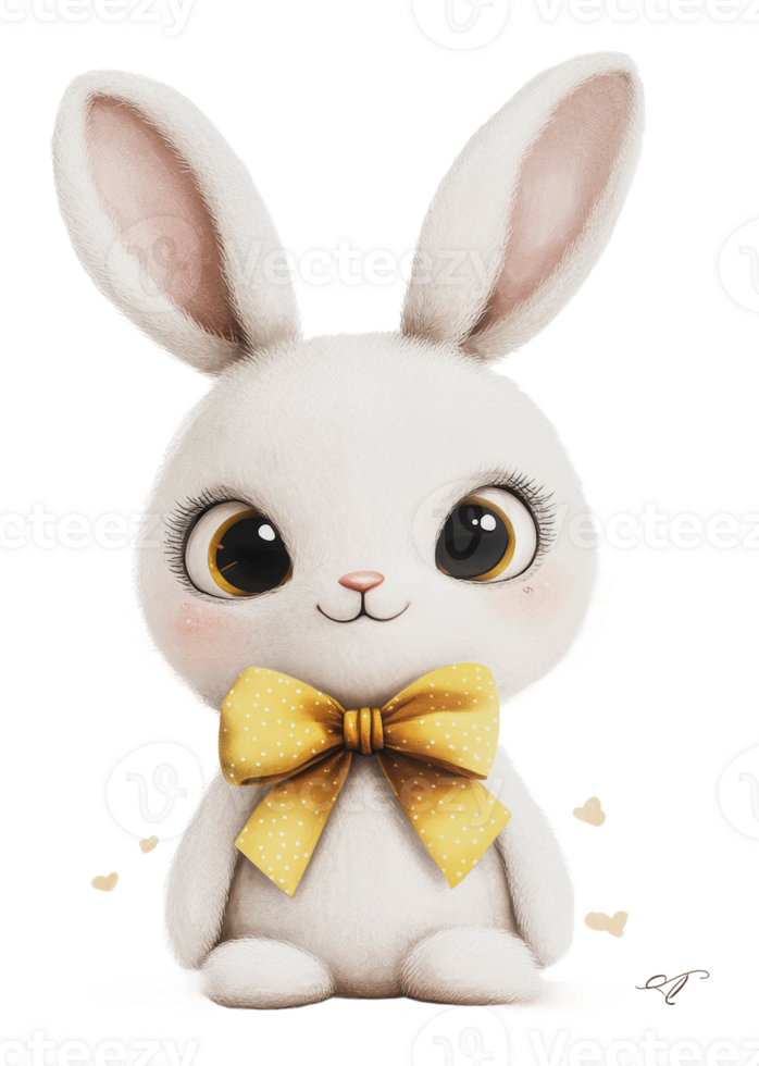 Cute white bunny with a yellow bow sitting happily png