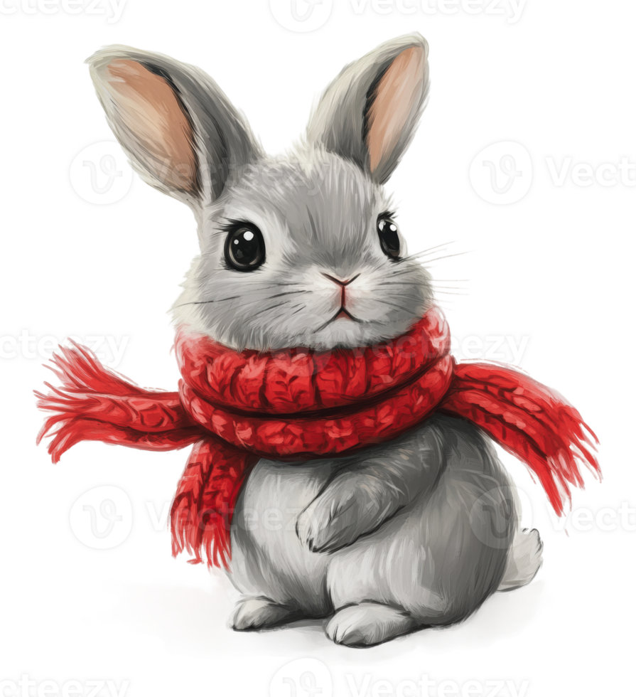 Cute gray rabbit with a red scarf in cozy setting png