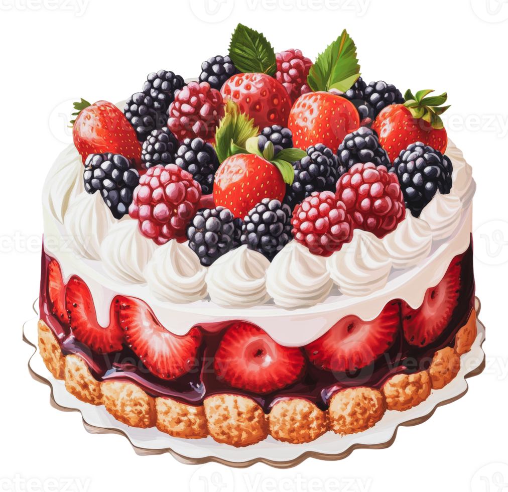 Delicious fruit-topped cake with cream and berries png
