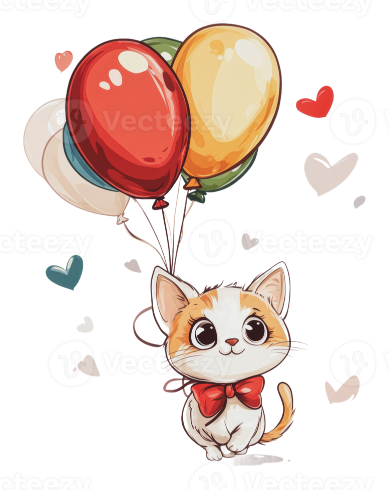 Kitten with balloons in a festive scene png