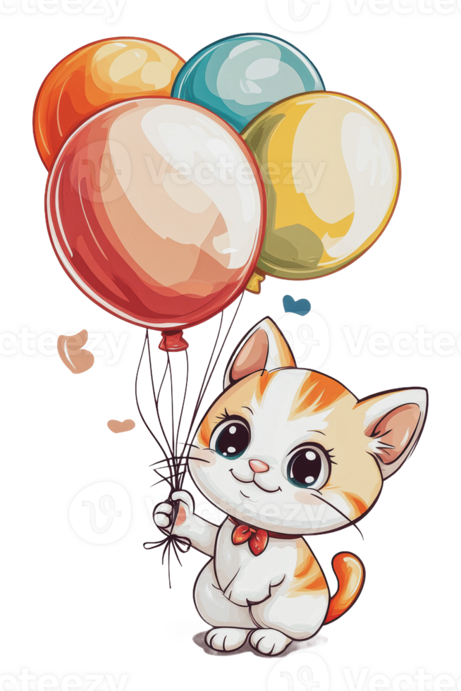 Cute cat holding colorful balloons at a party png