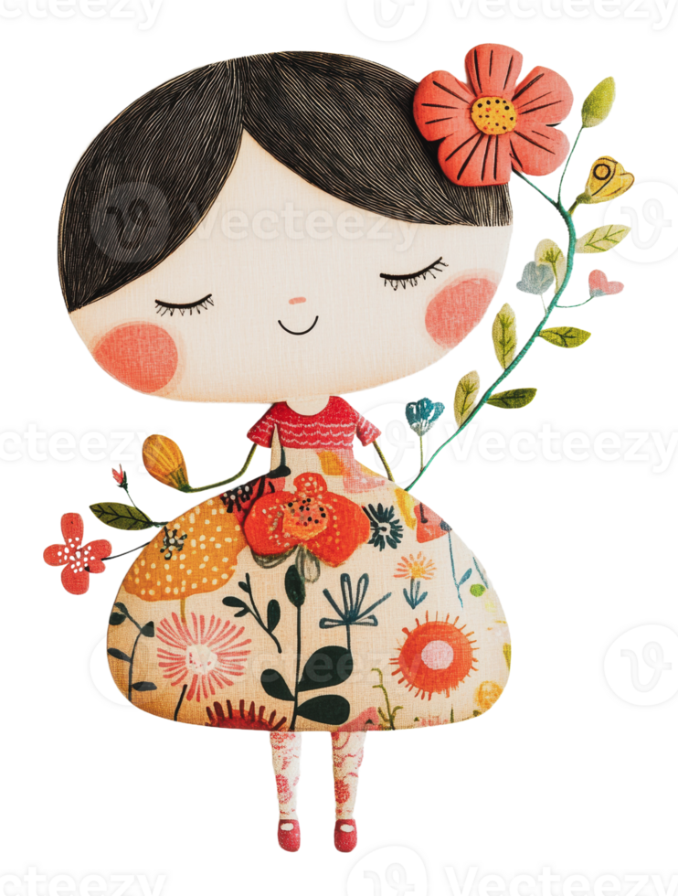 Whimsical girl with flowers in vibrant dress png