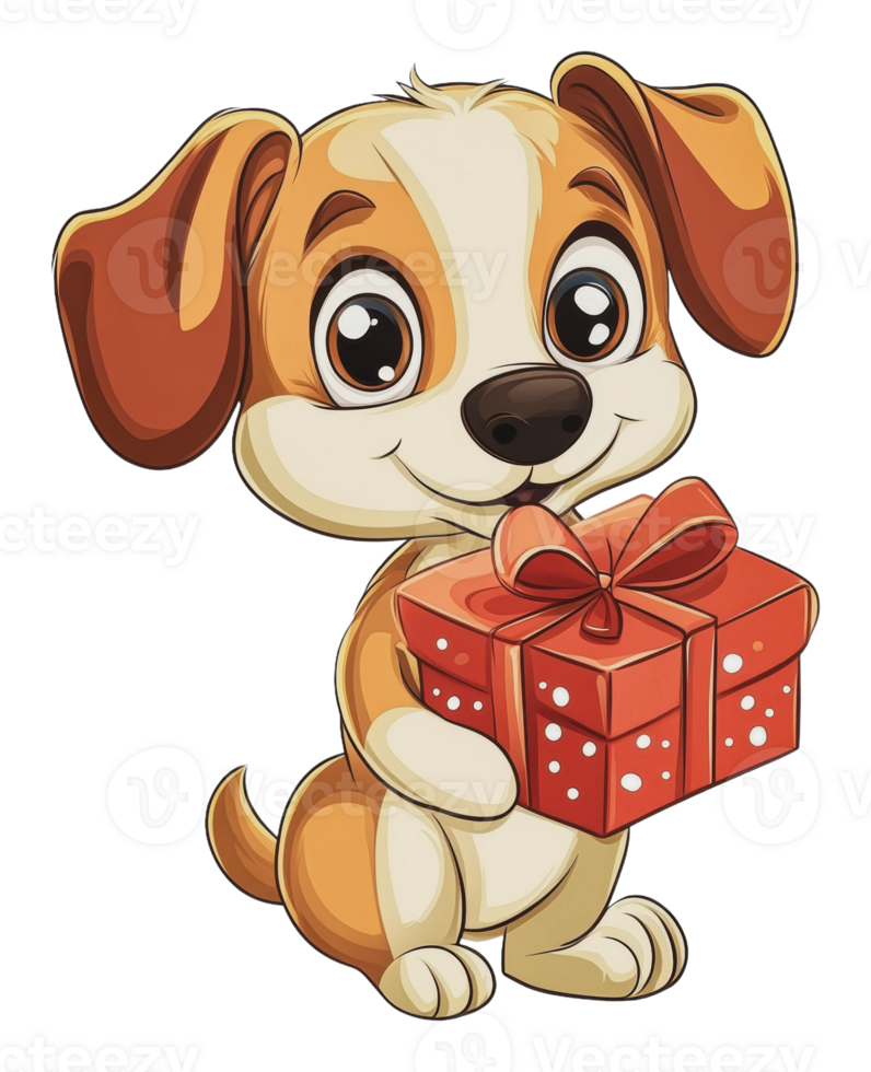Cute cartoon puppy holding a gift box with a bow png