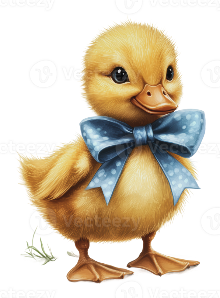 Cute yellow duckling wearing a blue bow tie png