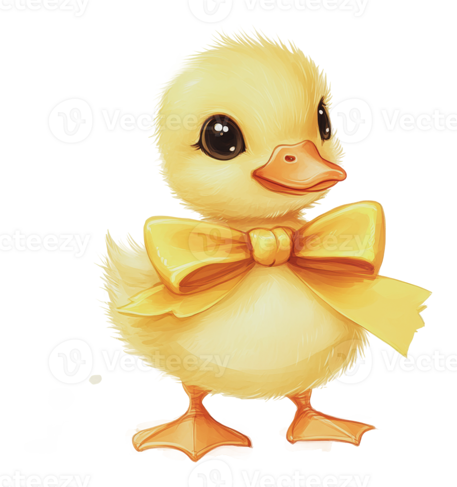 Cute yellow duckling with a bow standing happily png