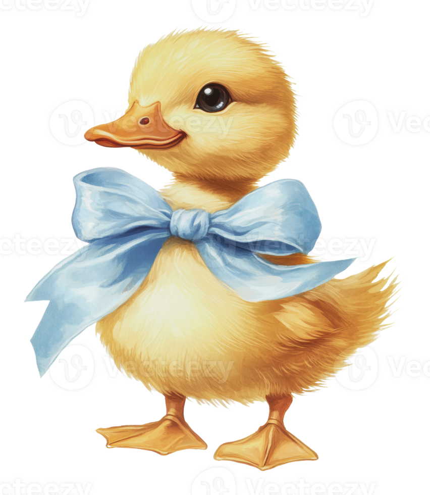 Duckling in a blue bow on white png