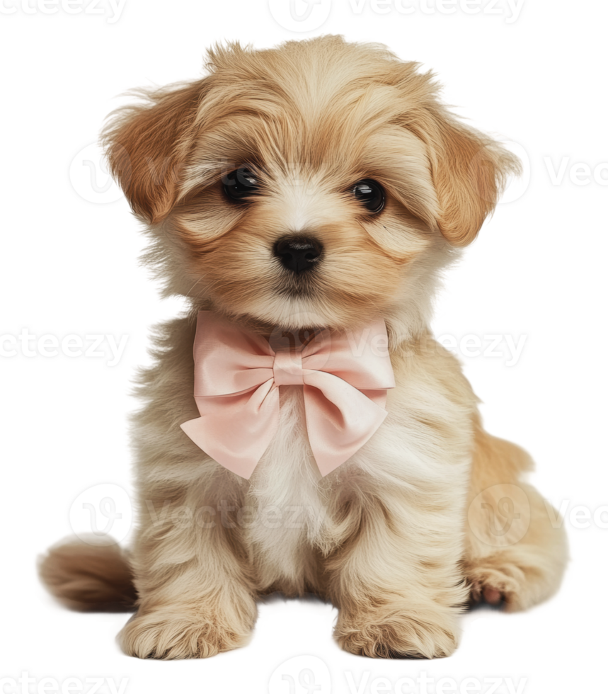 Fluffy puppy in a pink bow tie sitting png