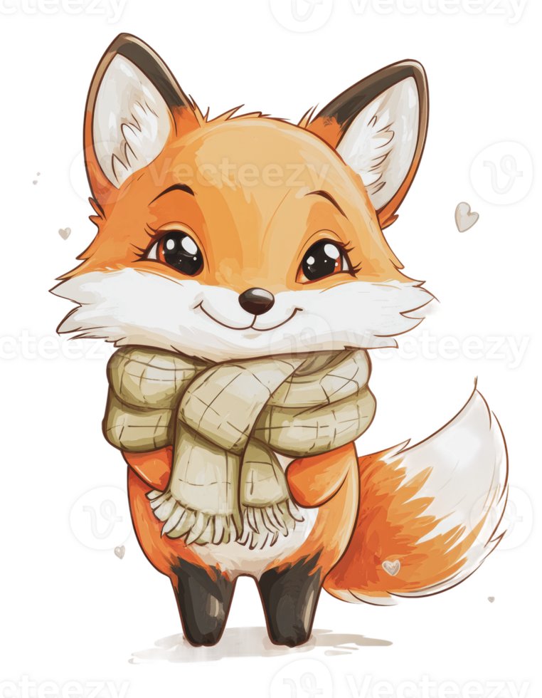 Cute cartoon fox wearing a cozy scarf with hearts png