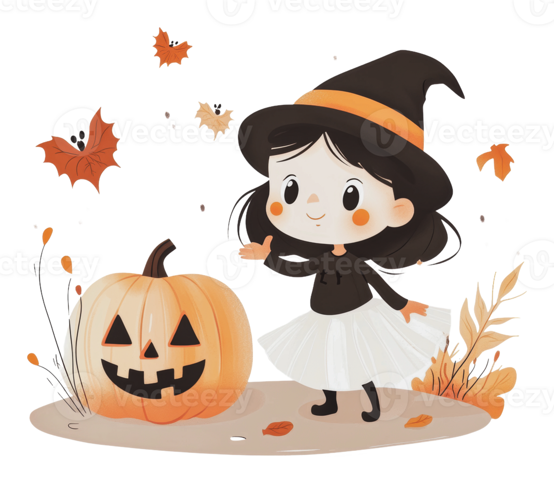 Child in witch costume with pumpkin png