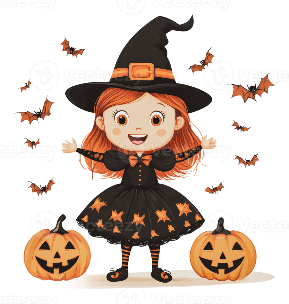Happy child dressed as a witch for Halloween fun png