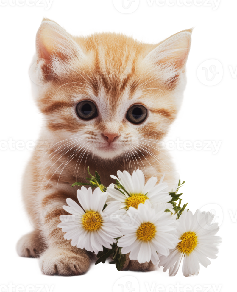 Spring tabby kitten with daisies png