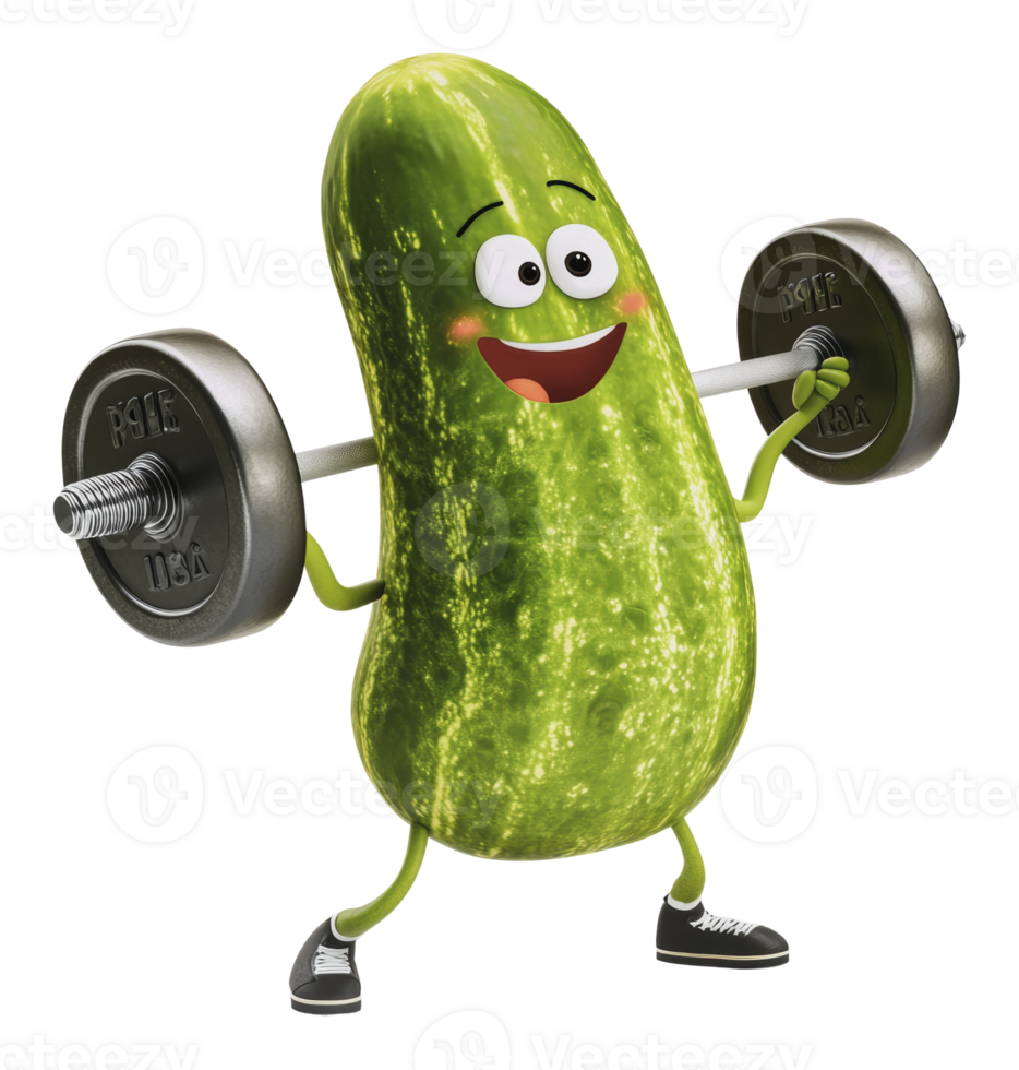 A cheerful pickle lifting weights in a gym setting png