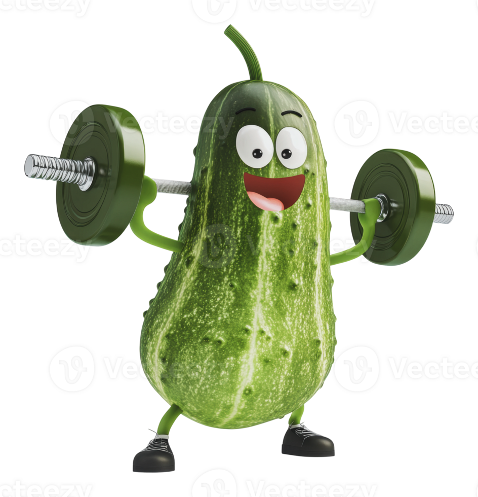 Cartoon cucumber lifting weights happily png